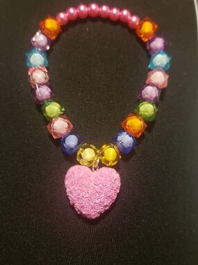Pink Heart Pendant Beaded Bracelet - Multicolor Beads